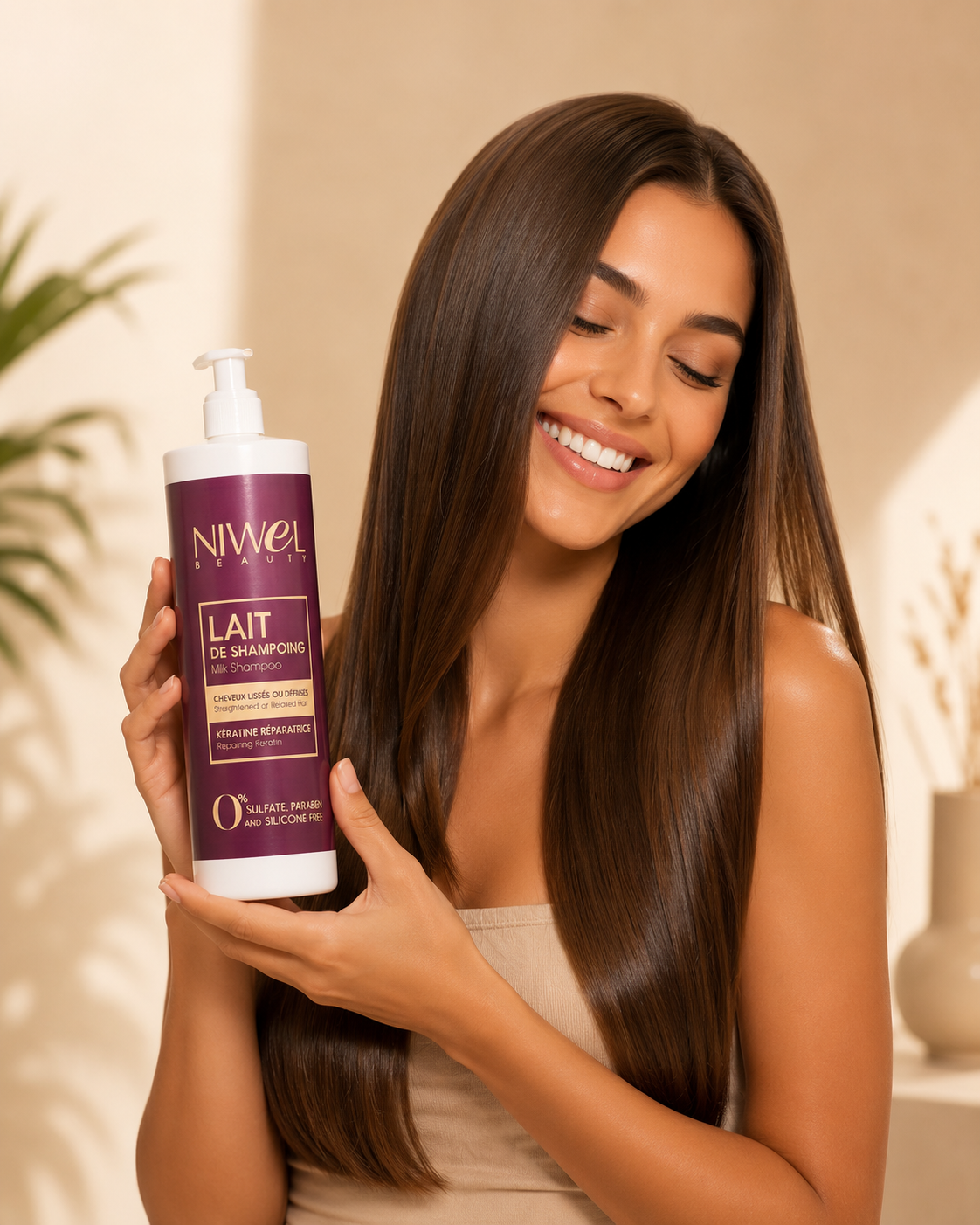 Lait de shampoing grand format 1L enrichi en kératine pour cheveux lissés et défrisés. Une femme souriante présente la bouteille dans sa salle de bain.