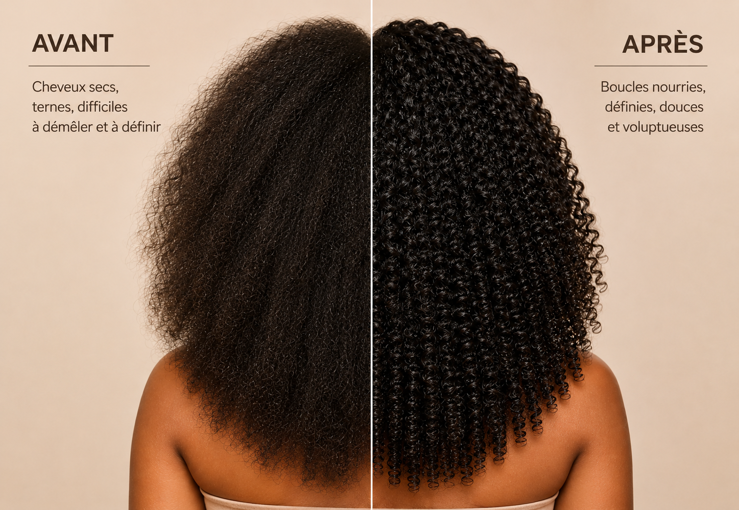 Montage avant-après de cheveux frisés : à gauche, des cheveux secs et sans définition ; à droite, des boucles parfaitement rebondies, nourries et brillantes.