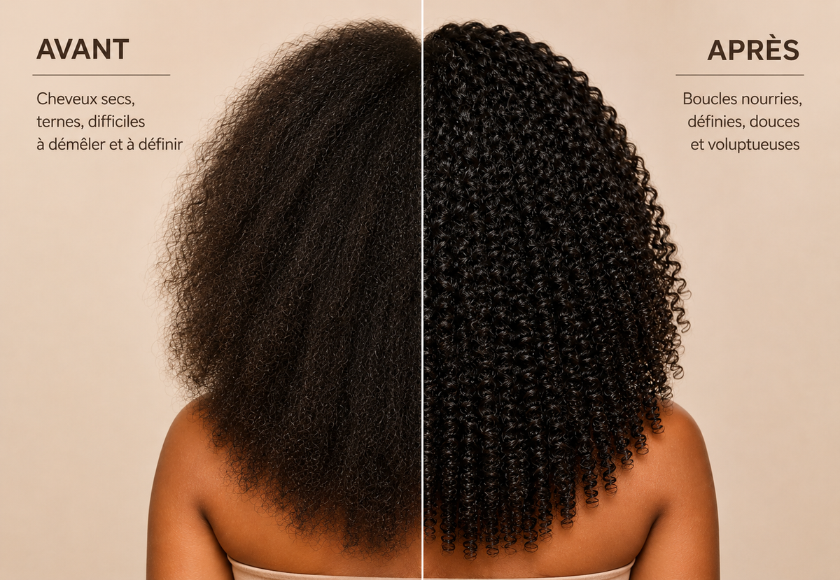 Montage avant-après de cheveux frisés : à gauche, des cheveux secs et sans définition ; à droite, des boucles parfaitement rebondies, nourries et brillantes.