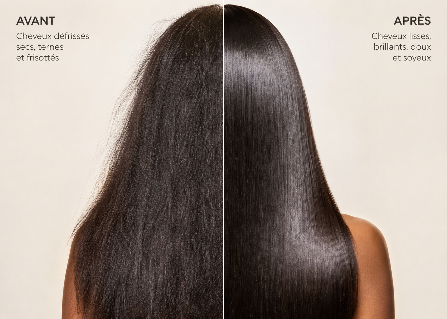 Montage d'un avant après avec l'utilisation des produits de la gamme réparatrice. A gauche des cheveux cassants, ternes et à droite après l'utilisation, les cheveux sont lisses, brillants et doux