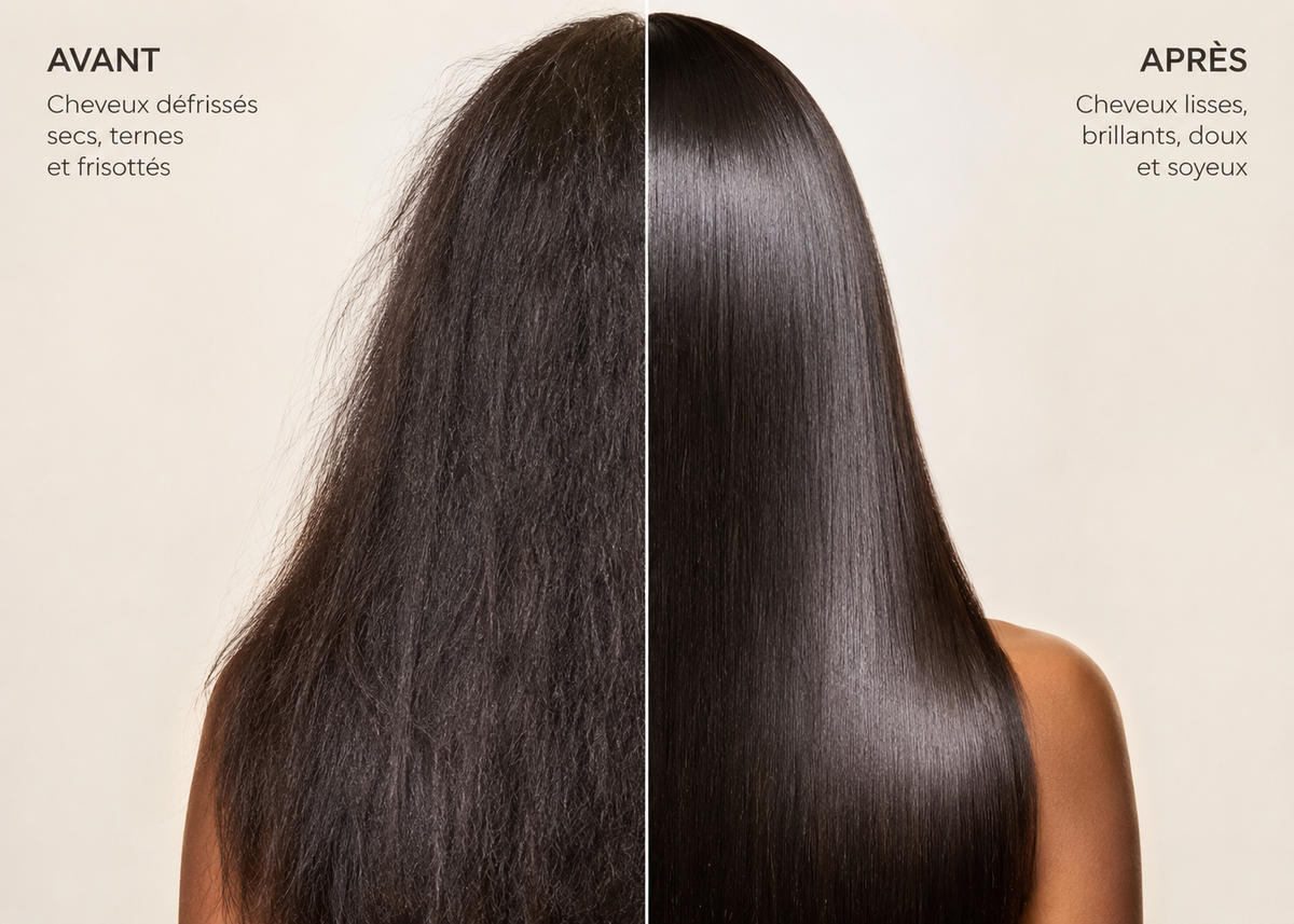 Montage d'un avant après avec l'utilisation des produits de la gamme réparatrice. A gauche des cheveux cassants, ternes et à droite après l'utilisation, les cheveux sont lisses, brillants et doux