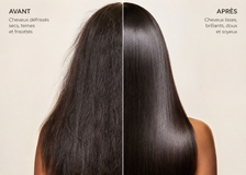 Montage d'un avant après avec l'utilisation des produits de la gamme réparatrice. A gauche des cheveux cassants, ternes et à droite après l'utilisation, les cheveux sont lisses, brillants et doux