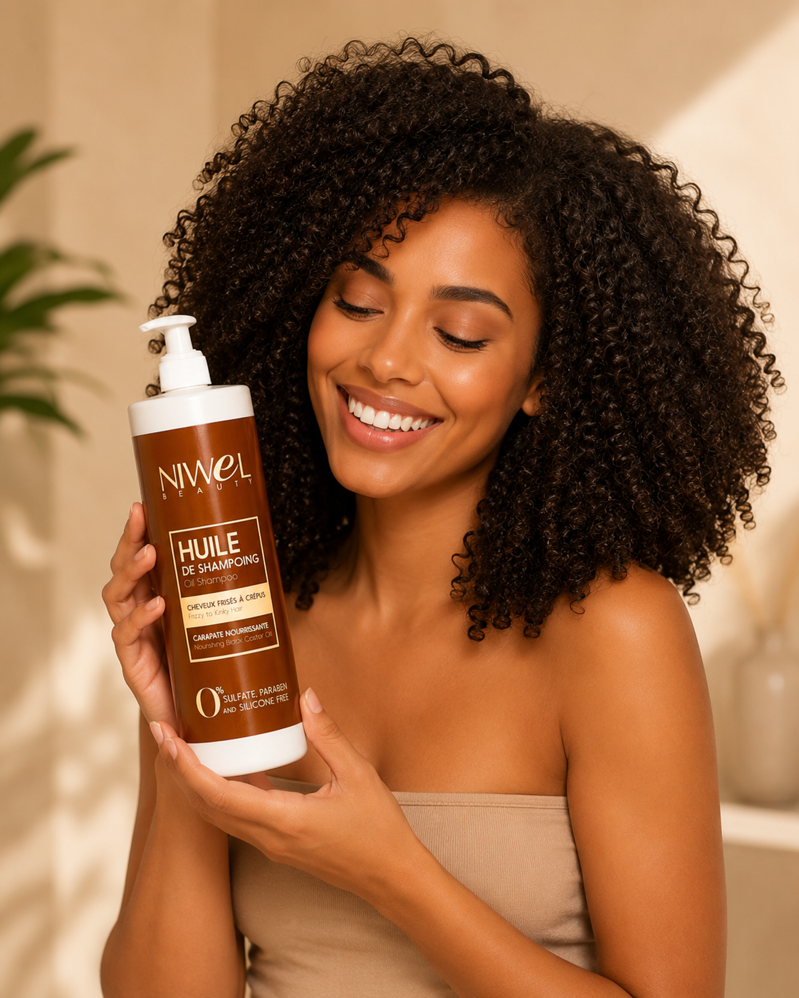 Huile de shampoing grand format 1L pour cheveux frisés et crépus. Une femme aux cheveux frisés présente la bouteille dans sa salle de bain.
