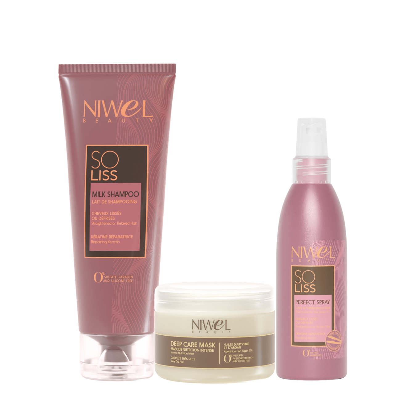 visuel fond transparent des trois produits du rituel réparateur kératine