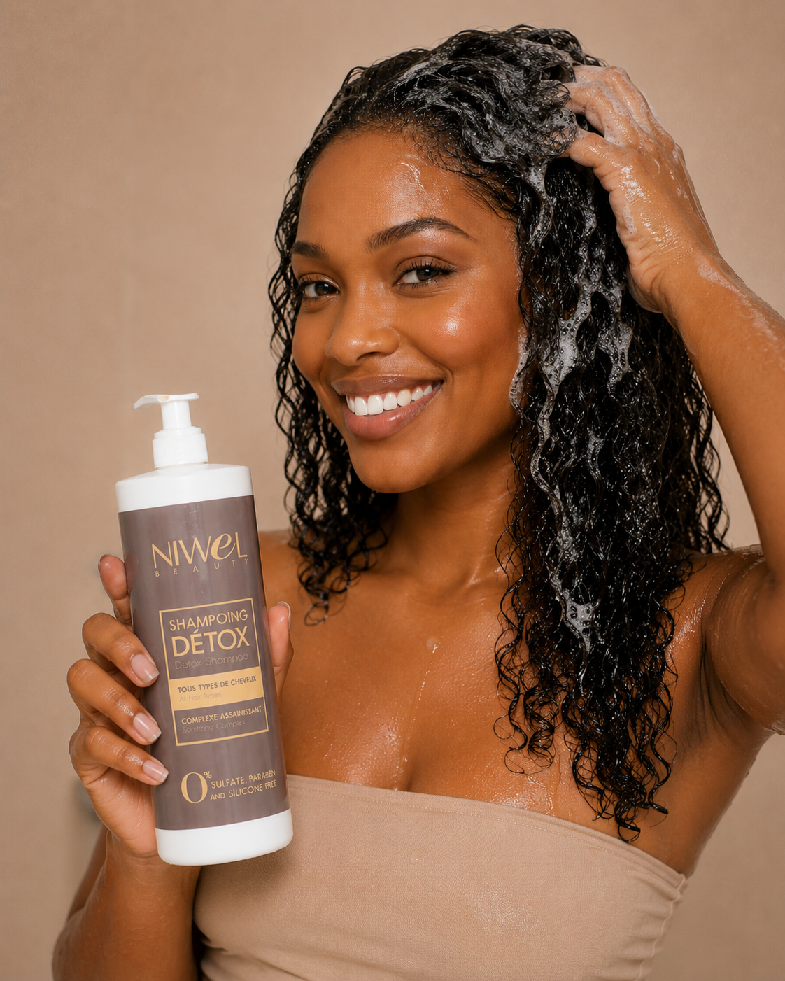 femme souriante dans une salle de bain, montrant ses cheveux bouclés et mouillés. Elle tient une grande bouteille de 1 litre de shampoing détoxifiant de la marque Niwel Beauty